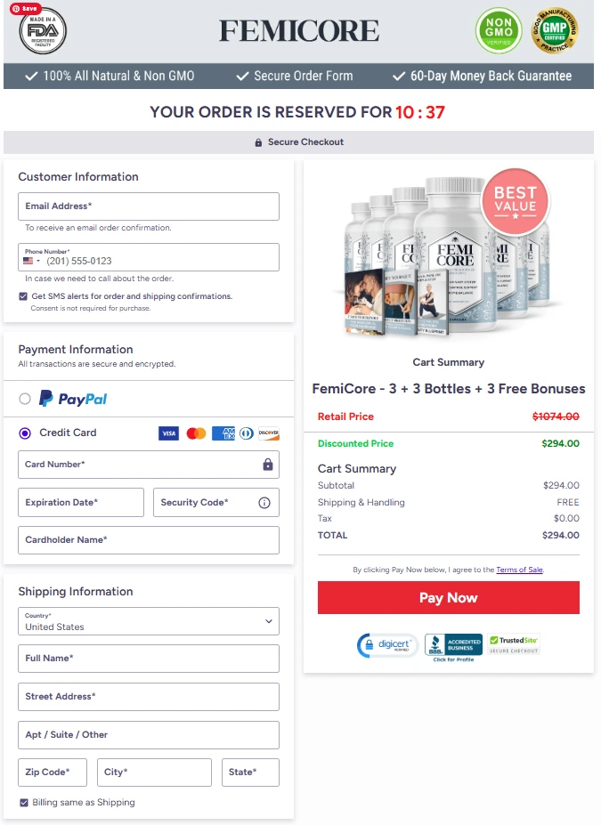 Secure FemiCore checkout page for ordering bladder and urinary support supplement