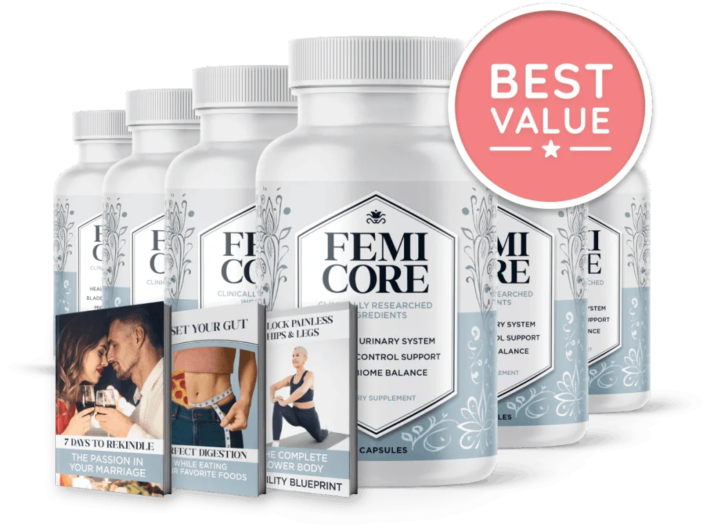 Femicore best value bundle featuring six bottles of bladder support supplement and three bonus digital health guides for urinary wellness, digestion, and mobility.
