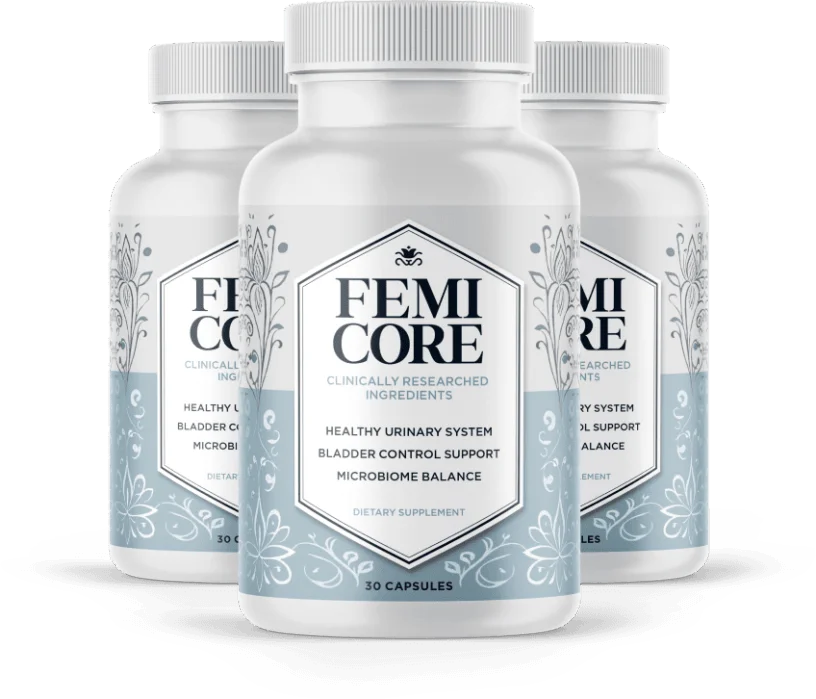 Femicore supplement bottles for natural bladder control support, designed to promote a healthy urinary system and balanced microbiome with clinically researched ingredients.