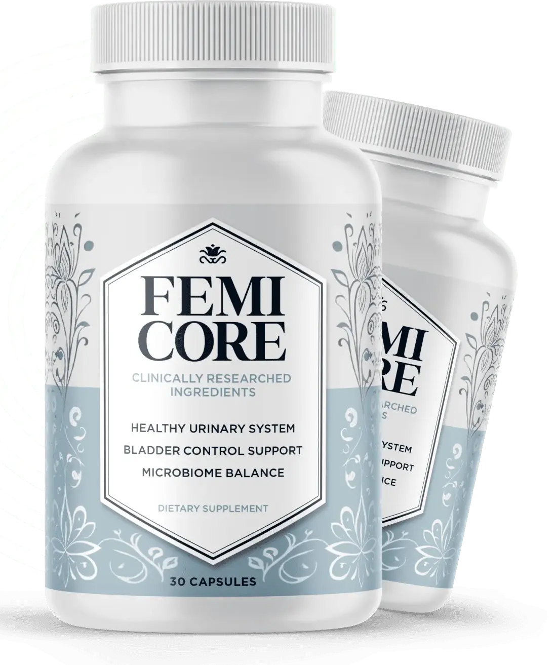 Femicore bladder support supplement bottles featuring clinically researched ingredients for healthy urinary system function and microbiome balance.