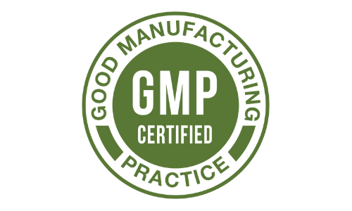Olive green GMP Certified good manufacturing practices seal for femicore quality control.